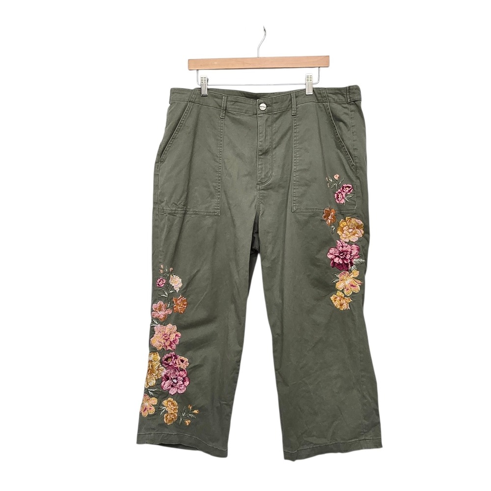 Driftwood Olive Green Floral Embroidered Utility Crop Pants Womens Size 2X